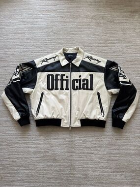 Official Racing Black & White Leather Bomber Jacket